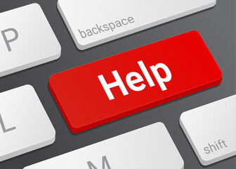 Fototapeta premium Close Up Help Button on Laptop or Computer Keyboard for User Assistance, Support Access, Customer Service, and Technology 3D Illustration