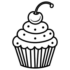 cupcake, cute doodle style baking illustration.Cherry Topped Cupcake Illustration.Clean line cupcake icon.Cup cake silhouette on white background.