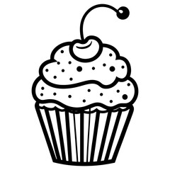 cupcake, cute doodle style baking illustration.Cherry Topped Cupcake Illustration.Clean line cupcake icon.Cup cake silhouette on white background.