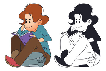 Girl is sitting and reading book.