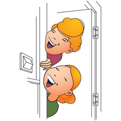 Two laughing cute girls look out from door.