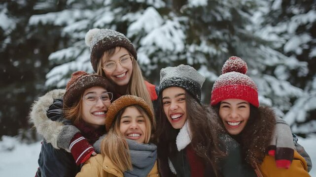 Five smiling friends bundled up in winter hats and coats, embracing in a snowy forest setting, enjoying the outdoors and the camaraderie of a fun winter day.