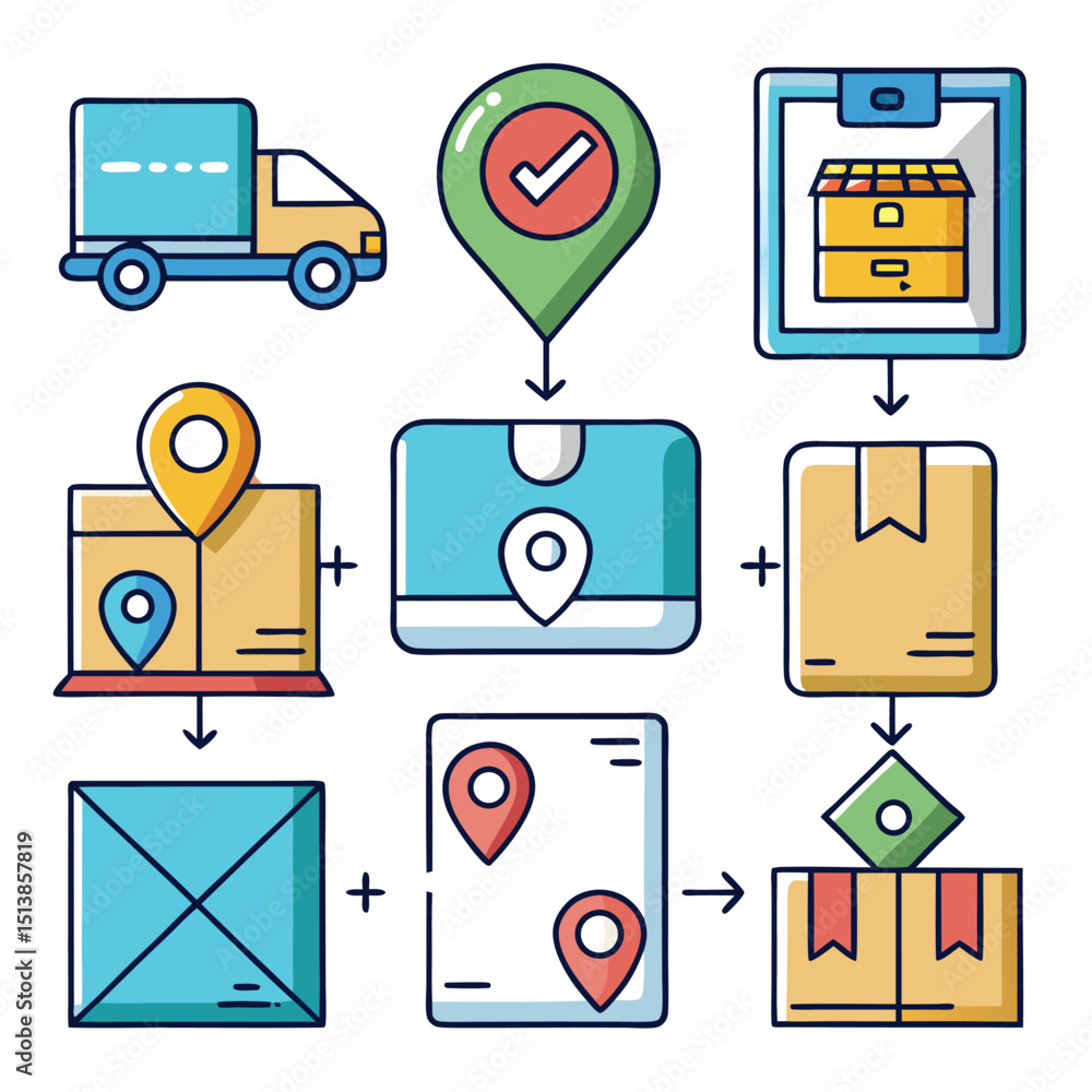 Poster delivery process flowchart with truck location pins package map and arrows illustrating the stages o