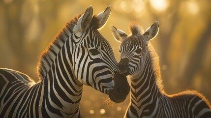 Fototapeta premium zebra with her foal on grass field