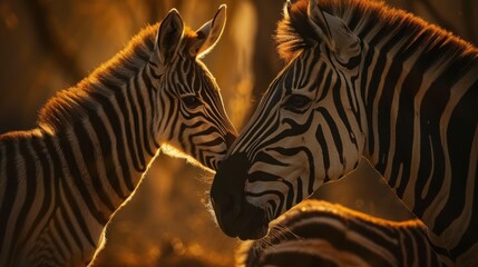 Fototapeta premium zebra with her foal on grass field