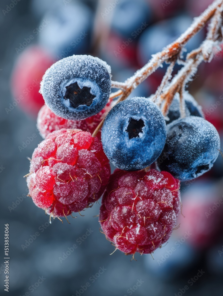 Poster frost-covered blueberries and raspberries display vibrant colors amidst chilly conditions