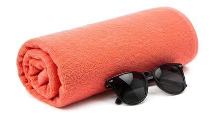 Rolled Orange Beach Towel with Sunglasses for Summer Holidays