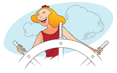 Happy girl at helm of yacht.