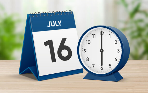 Date 16 July 6 oclock. July 16 desk calendar and round table clock showing time 06 00. Realistic calendar and clock composition 3d illustration. Scheduled date and time planner design