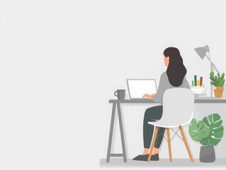 Fototapeta premium Hybrid Work HomeOffice Woman working on laptop at home with desk and plant.