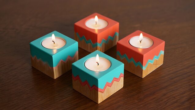 Four colorful wooden candle holders with lit tea light candles on a table