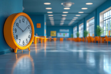 An orange clock sits in a bright school hallway, depicting the concept of time in the educational setting.
