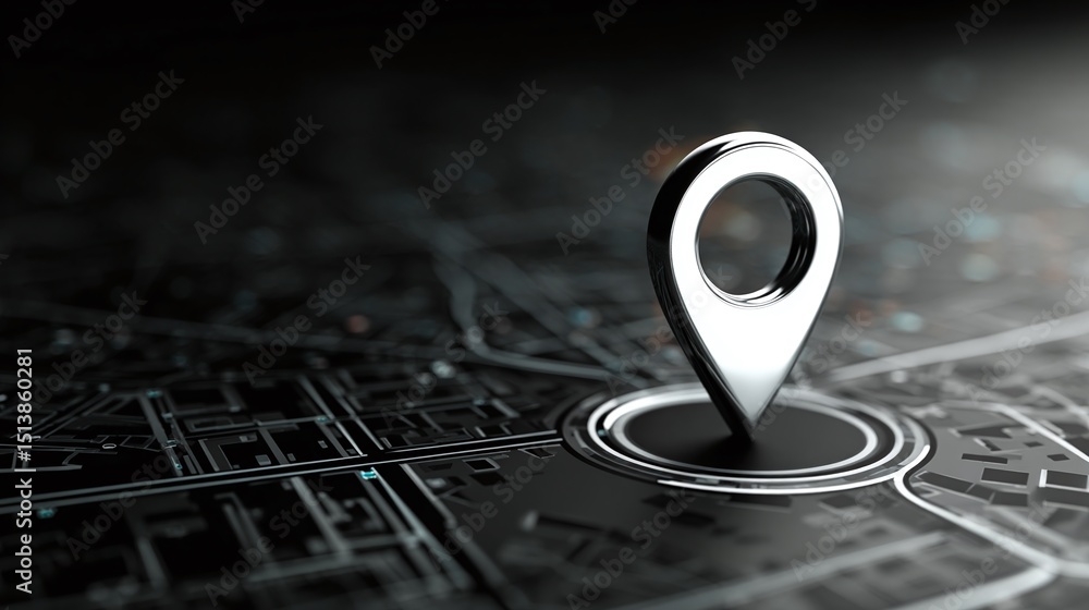 Poster shiny metal map pointer sitting on a city road map. location indicator is used in navigation systems