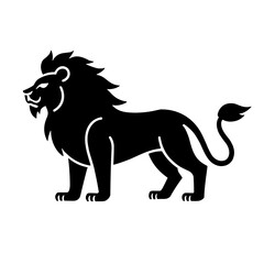 Obraz premium Silhouette black and white vector of a lion standing in profile with large mane for design and printing