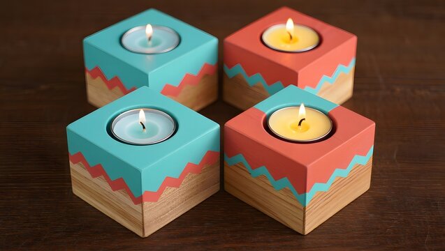 Four colorful wooden candle holders with burning tea light candles on wood surface - Powered by Adobe