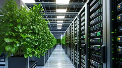 Sustainable data center featuring green plants next to computer servers to promote carbon neutrality and ecological balance - Powered by Adobe