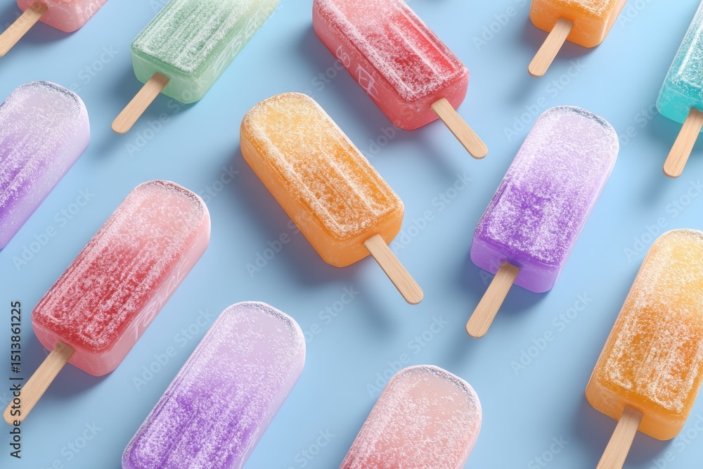 Poster colorful 3d popsicles with frosty texture arranged on a clean surface featuring modern branding elem