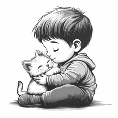 Boy kisses kitten while sitting on floor in cozy indoor setting Generative AI