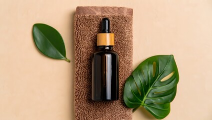 Amber glass dropper bottle with natural elements for spa and wellness