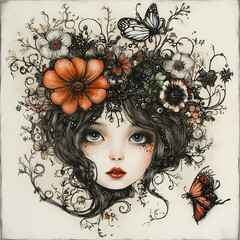 Artistic portrait of a girl with flowers and butterflies in spring Generative AI