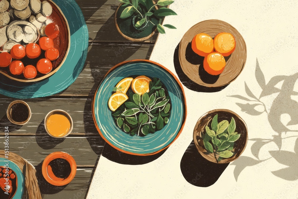 Poster rustic table setting featuring a colorful plant-based meal with fresh ingredients and vibrant dishes