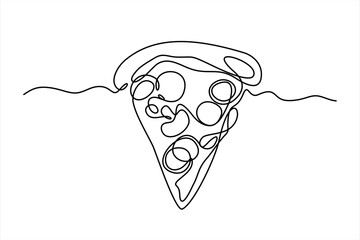 One line Drawing or illustration of slice of pizza with pepperoni and mushrooms. Editable stroke.	