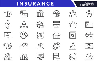 Insurance line icon set. Employee benefits, secure life, car accident, health, bank, property, coverage, security, guarantee, assurance, indemnity outline icon collection. UI thin outline icon pack