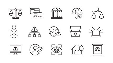 Insurance line icon set. Employee benefits, secure life, car accident, health, bank, property, coverage, security, guarantee, assurance, indemnity outline icon collection. UI thin outline icon pack