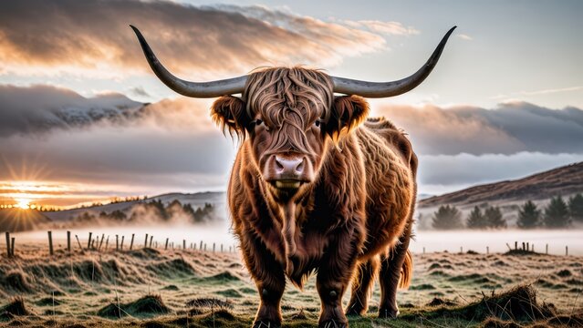 a majestic highland cow stands in a misty field at sunrise