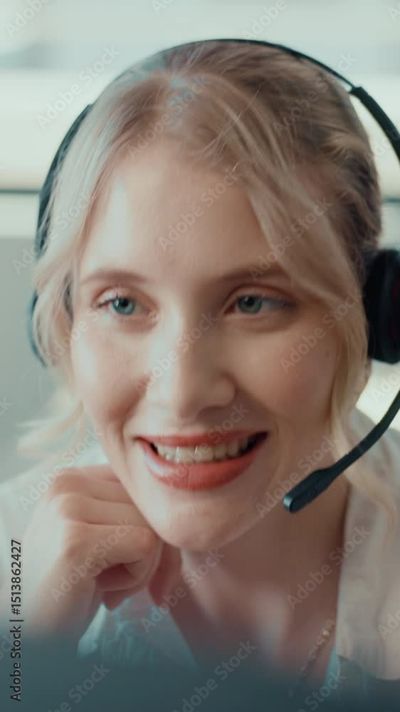 Poster Call center, help and woman problem solving for customer service, crm or multilingual support. Happy consultant, face and talking with headset for faq, thinking and language translation on computer