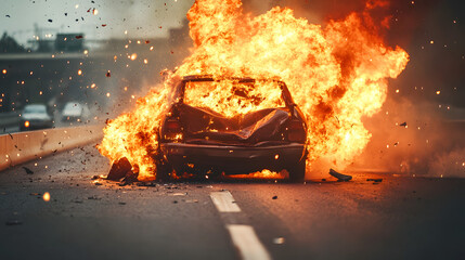 Car accident with fire and debris exploding on highway
