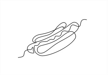 Hot dog continuous line drawing. Minimalist food and drink concept isolated on white, Continuous line art Hot Dog sausage full topped, ketchup,mayo melted for vector illustration. Editable stroke