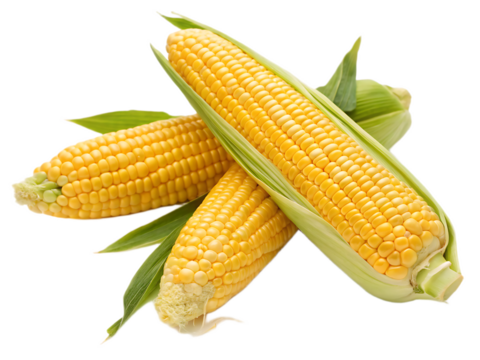 A vibrant still life featuring three ears of corn with green husks and leaves on a black background