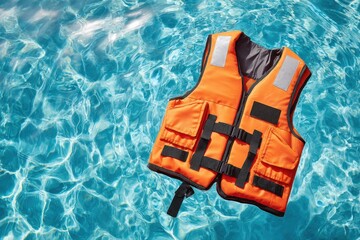 Orange life vest floating on rippling blue water, ready for use in emergencies or water activities.
