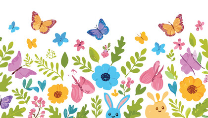 unny and butterfly pattern. Easter seamless flower and rabbit crayon vector background. Cute floral pattern with rainbow bunny animal, spring butterfly. Easter baby rabbit design.backgrounds, colors, 