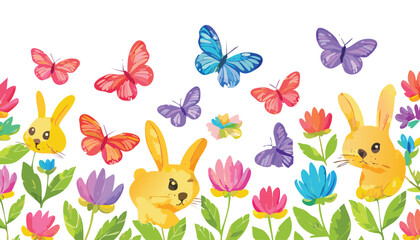 unny and butterfly pattern. Easter seamless flower and rabbit crayon vector background. Cute floral pattern with rainbow bunny animal, spring butterfly. Easter baby rabbit design.backgrounds, colors, 
