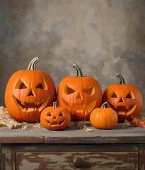 Fototapeta premium Carved halloween pumpkins displayed on wooden table