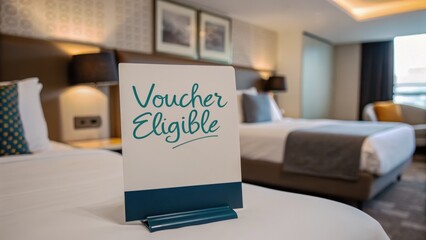 Stimulate voucher travel concept. A hotel room featuring a sign indicating voucher eligibility.