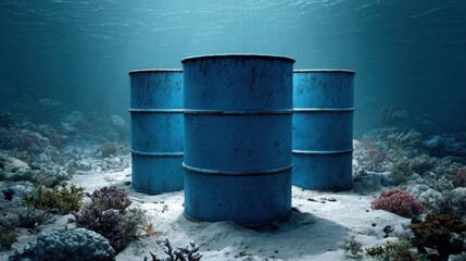Obraz premium Three rusty blue barrels sit on the ocean floor, surrounded by coral reefs, a concerning scene of pollution in the underwater world.