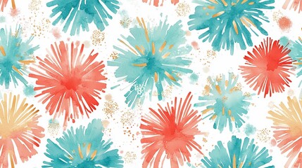 Abstract watercolor floral pattern in coral, teal, and gold