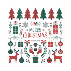 Merry Christmas Greeting with Trees, Gifts, Ornaments and Reindeer – Festive Vector Illustration