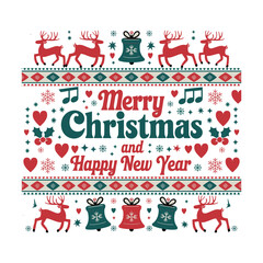 Decorative Merry Christmas and Happy New Year Greeting Card with Reindeer and Holiday Icons – Vector Design