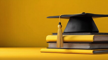 Graduation cap on a stack of books, symbolizing education and achievement, set against a solid yellow background.