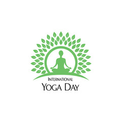 International Yoga Day greetings vector with mandala design by green trees, green leaves with human's yoga silhouette 