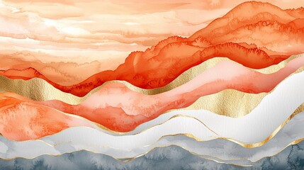 Abstract watercolor landscape with gold accents