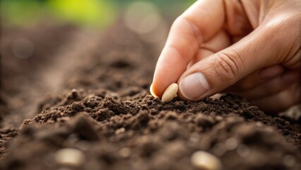 Sustainability & Eco Symbolism concept. A hand planting seeds in rich soil, symbolizing growth and care in gardening.