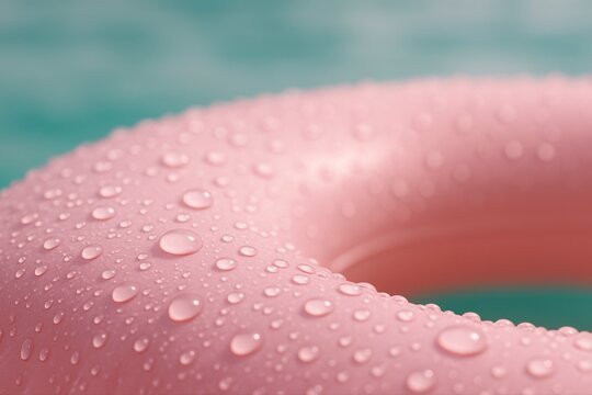 Close up of a pink inflatable ring with water droplets on its surface