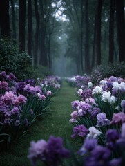 Violet flowers bloom along the forest path in serene nature scene