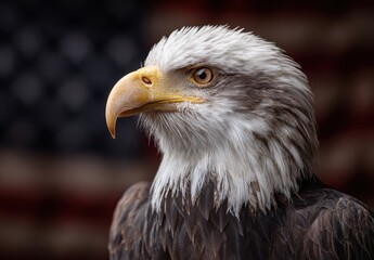 Naklejka premium Bald Eagle Close-Up with American Flag in Background, Ultra-Realistic Photo