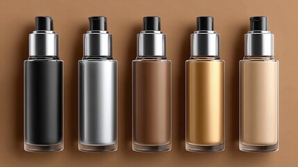 Assorted Tone Bottles: Five bottles showcase a spectrum of colors, from dark to light, set against a complementary backdrop.